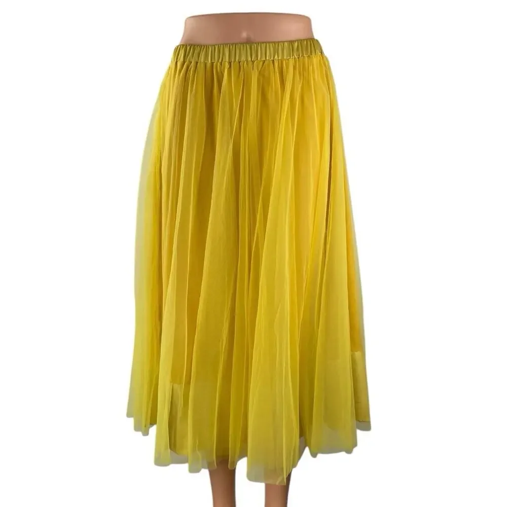 NEW Stylewe Women's Yellow Mesh Tulle High Waisted Midi A-Line Flared Skirt S
